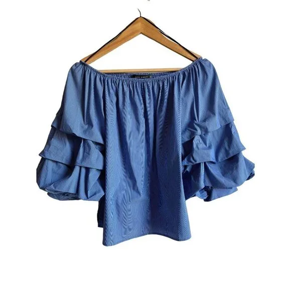 ZARA Woman Size Small Cobalt White Pinstripe Off the Shoulder Cropped Top - Picture 2 of 10